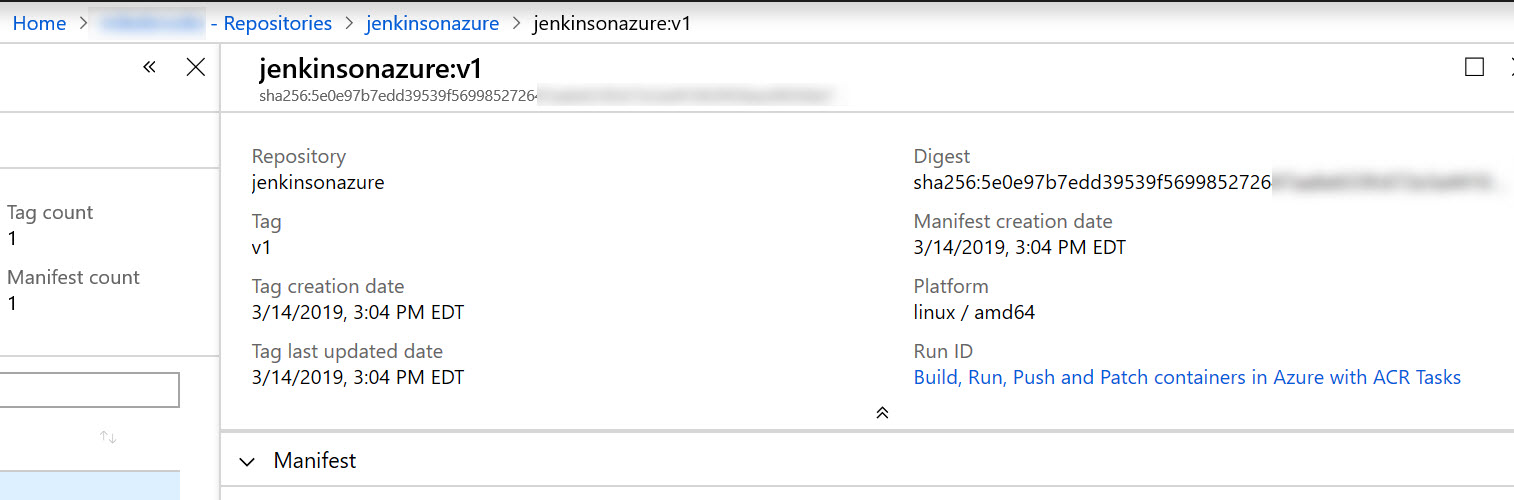 Container image SHA example as viewed in Azure Portal.